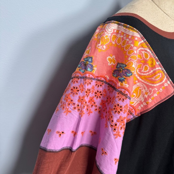 We The Free People Feeling It Tee S‎ Black Brown Patchwork Top Boho Fall Hippie - Picture 6 of 14